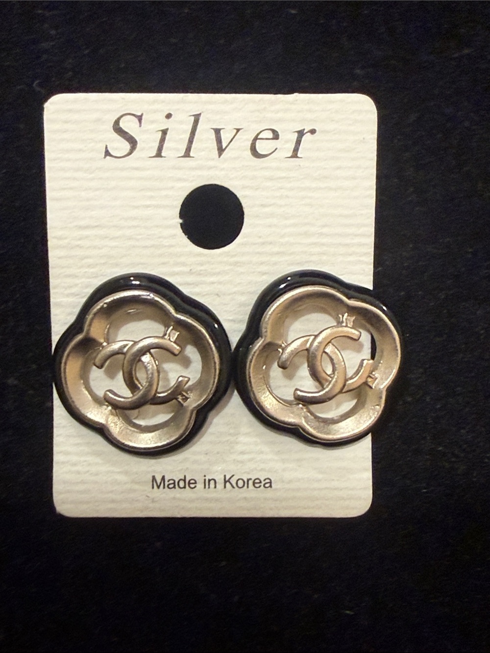 -Inspired Silver and Black Camellia Stud Earrings